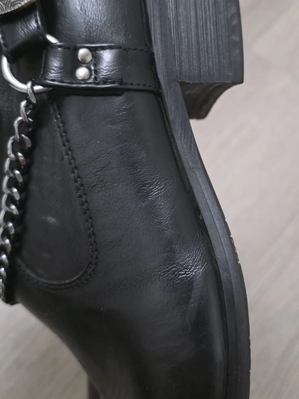 Men's Black Leather Ankle Boots with Silver Chain Accent Size 11